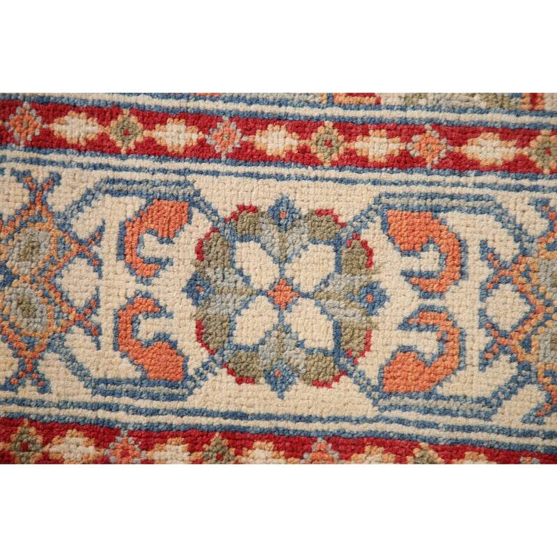 Geometric Kazak Oriental Accent Rug Hand-Knotted Blue Wool Carpet - 3'5"x 4'10"