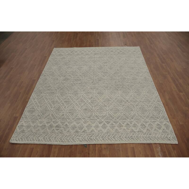 Hand Knotted Oriental 100% Wool Carpet Modern Geometric Beige & Ivories Modern Gotti Design Area Rug - 9' 7'' X 7' 7''