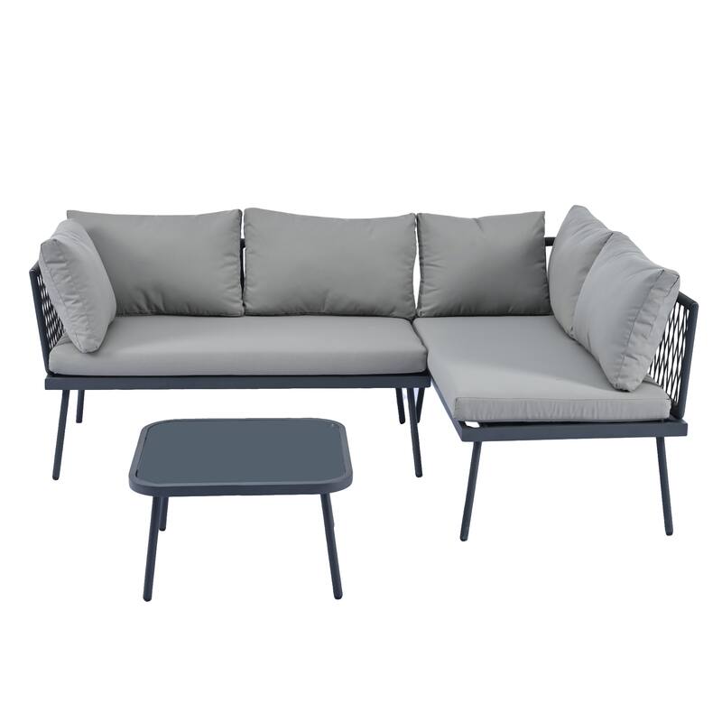 Modern Outdoor 3-Piece PE Rattan Sectional Sofa Set with Cushions and Glass Table