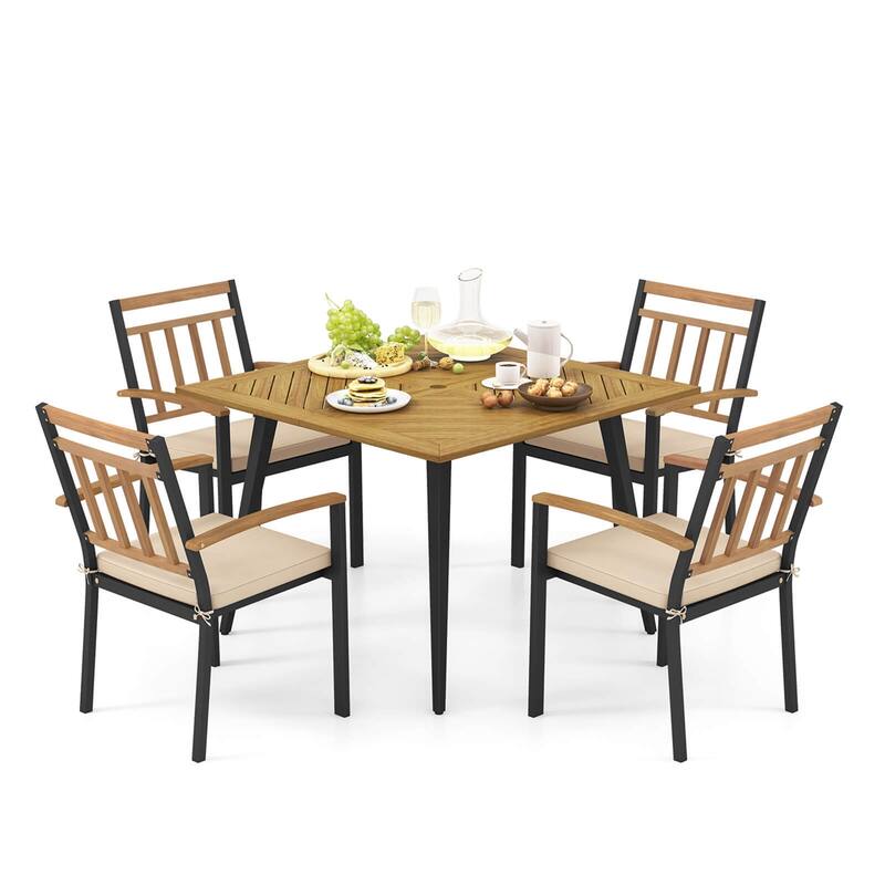 5 Pieces Patio Outdoor Dining Table Set & Chairs w/ Cushions - Beige