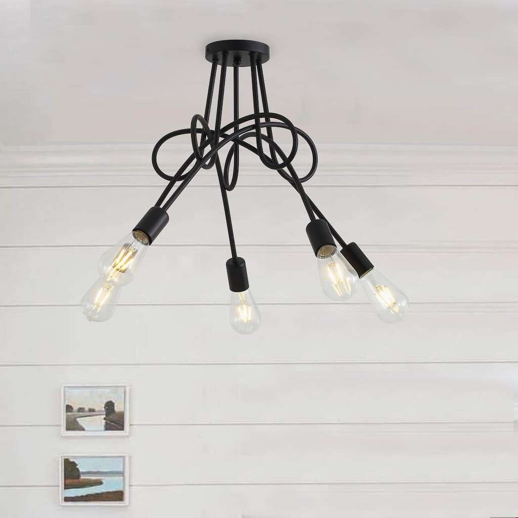Modern Black 5-Light Curved Line Sputnik Design Ceiling Lamp