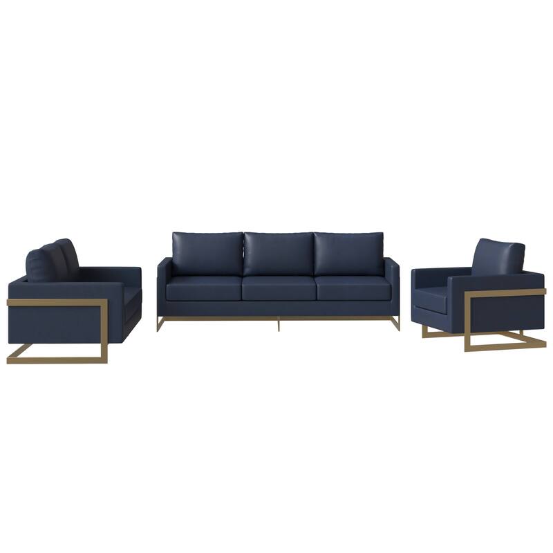 3-Piece Leather Sofa Set with Gold Stainless Steel Base and Removable Cushions