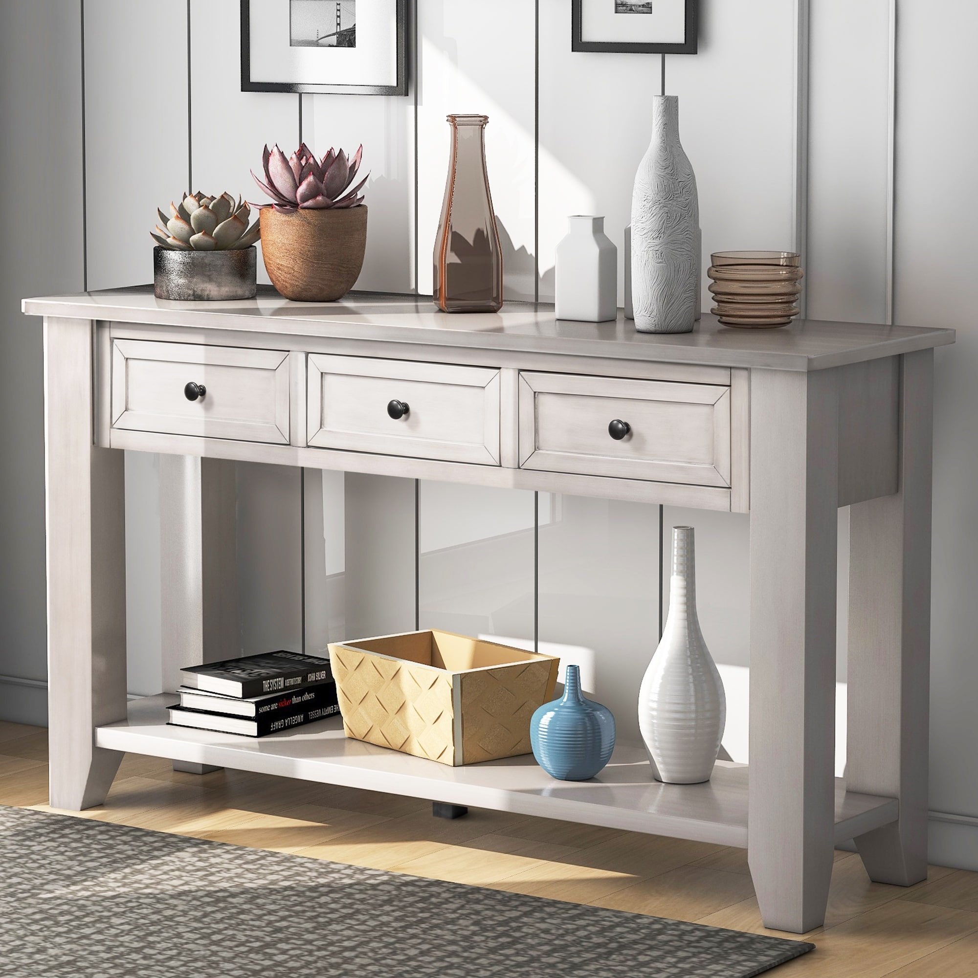 Cream console sales table with shelf