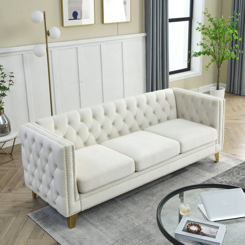 Classic Chesterfield Velvet Sofa Set, 2-Piece Button-Tufted 3-Seater Couch with Nailhead Trim and Metal Legs