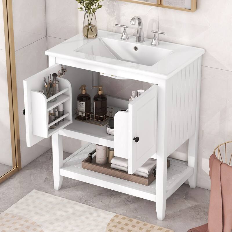 30" Freestanding Bathroom Vanity with Elegant Ceramic Sink, Solid Wood Frame & Ample Storage