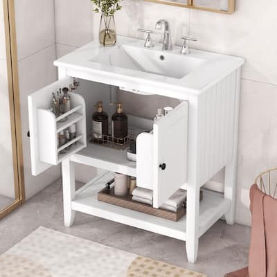 30" White Modern Sleek Bathroom Vanity Elegant Ceramic Sink with Solid Wood Frame Open Style Shelf & Door Shelf Design
