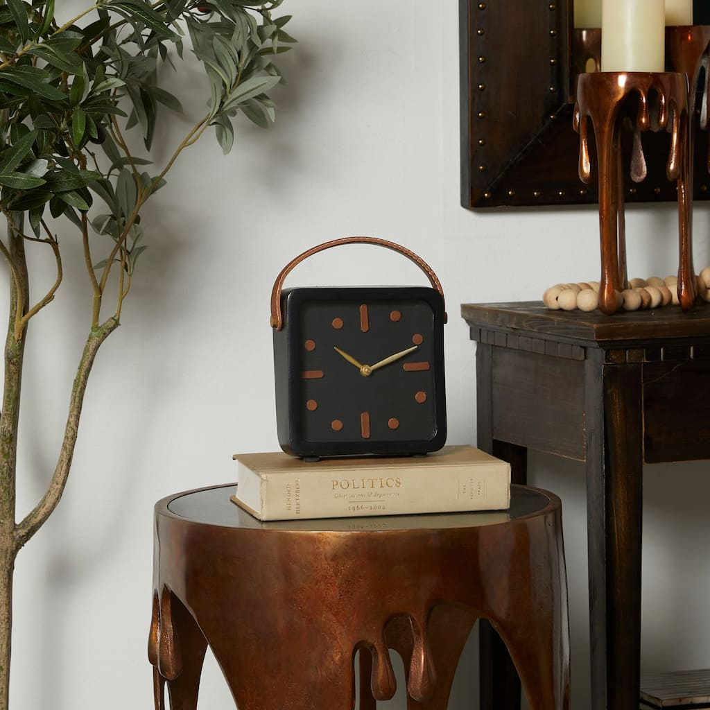 Black Metal Small Decorative Clock with Leather Handle and Hour Markers