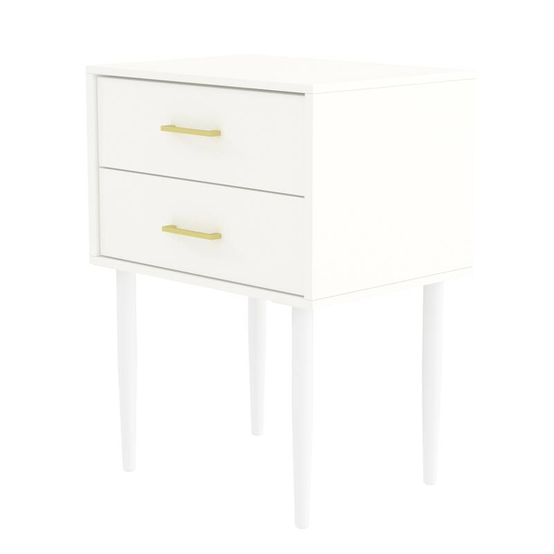 Mid-Century Modern 2-Drawer Nightstand with Tapered Legs and Gold Handles