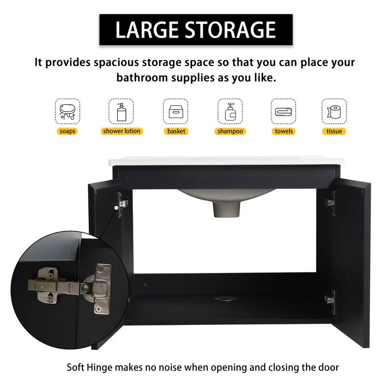 24" Wall-Mounted Bathroom Vanity with Ceramic Sink and Soft-Close Doors, Side Cabinet for Extra Storage