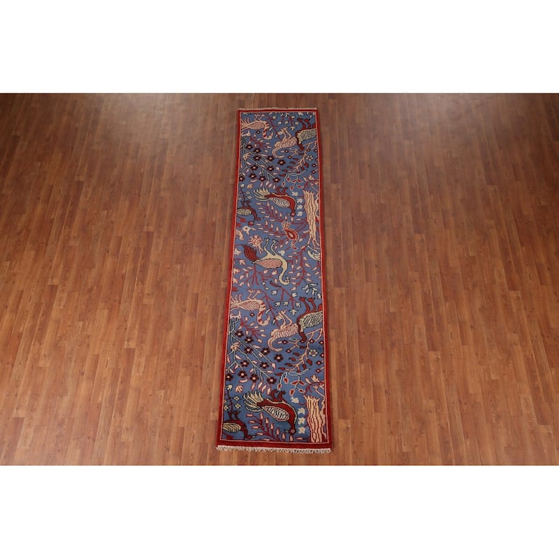 Animals Design Blue Ziegler Oriental Runner Rug Handmade Wool Carpet - 2'7"x 9'11"