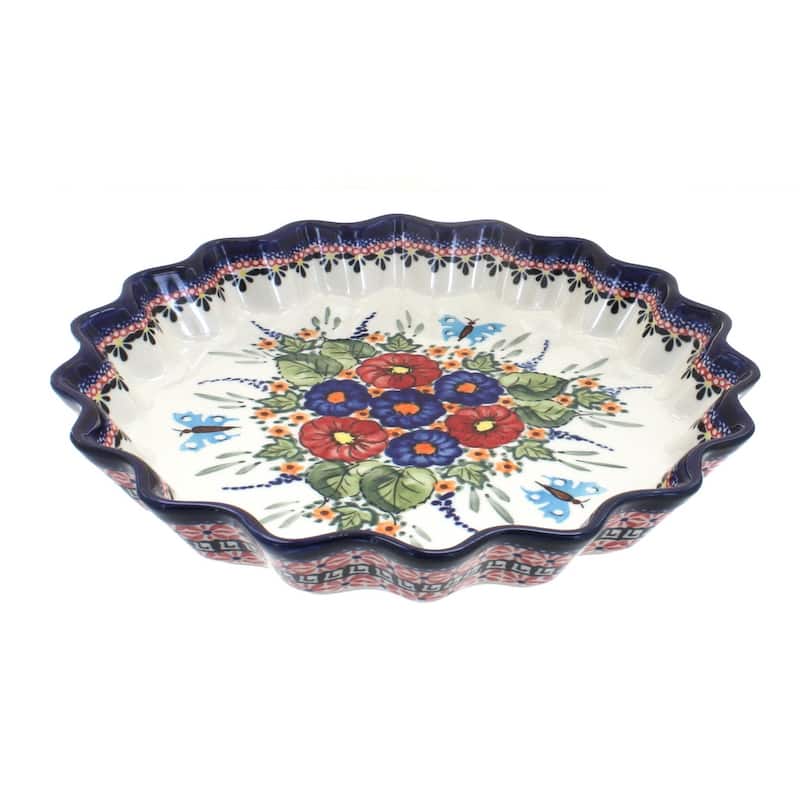 Blue Rose Polish Pottery 1331 Zaklady Scallop Quiche Dish - Floral Butterfly