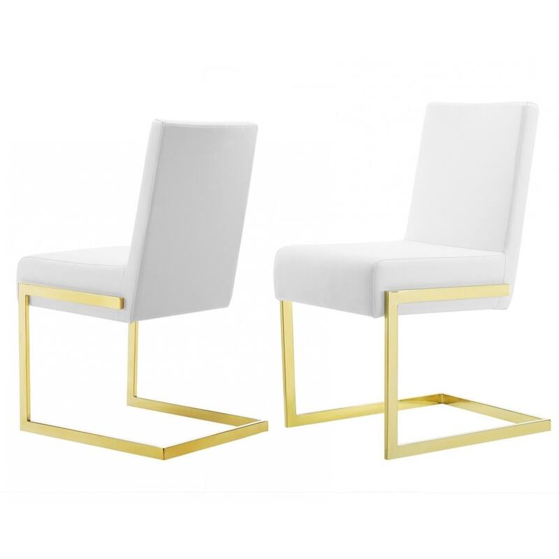 Set of 2 White Faux Leather Upholstered Dining Chairs with Gold Metal Legs and Solid Back for Living or Dining Use