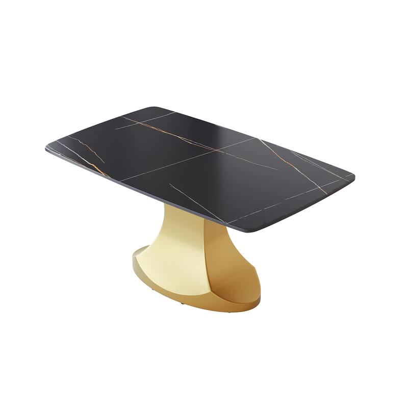 Dining Table for 6~8 Person, Faux Marble Kitchen Dining Table with Gold Pedestal.