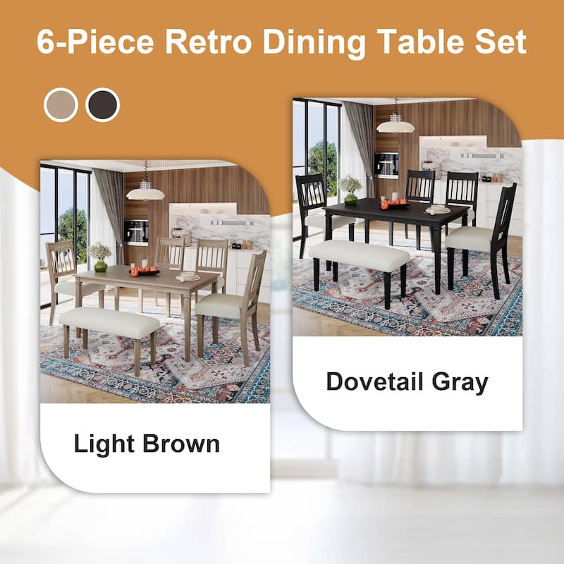 6-Piece Retro Dining Room Set, Classic Kitchen Furniture Set, Wooden Rectangular Table and 4 Chairs with Bench