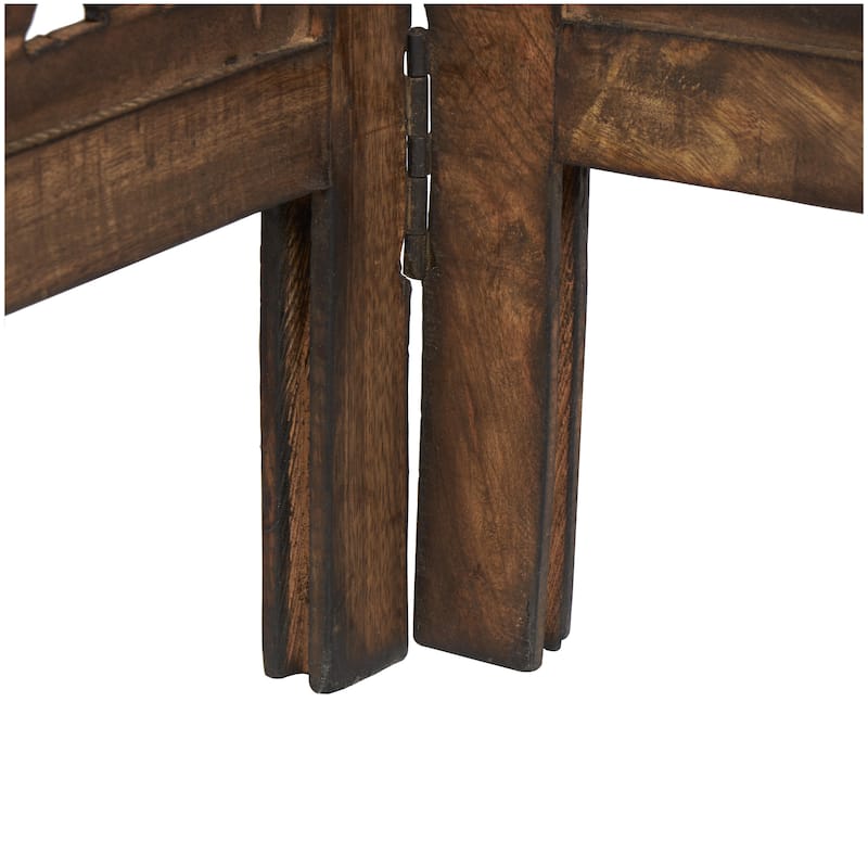 Wooden Floral Handmade Hinged Foldable 4 Panel Room Divider Screen with Intricately Carved Designs - Brown - Roche River Decor