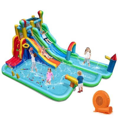 Large Inflatable Water Slide Park with Dual Slides Climbing Wall and Splash Pools and Blower for Kids - 225" x 145.5" x 105"