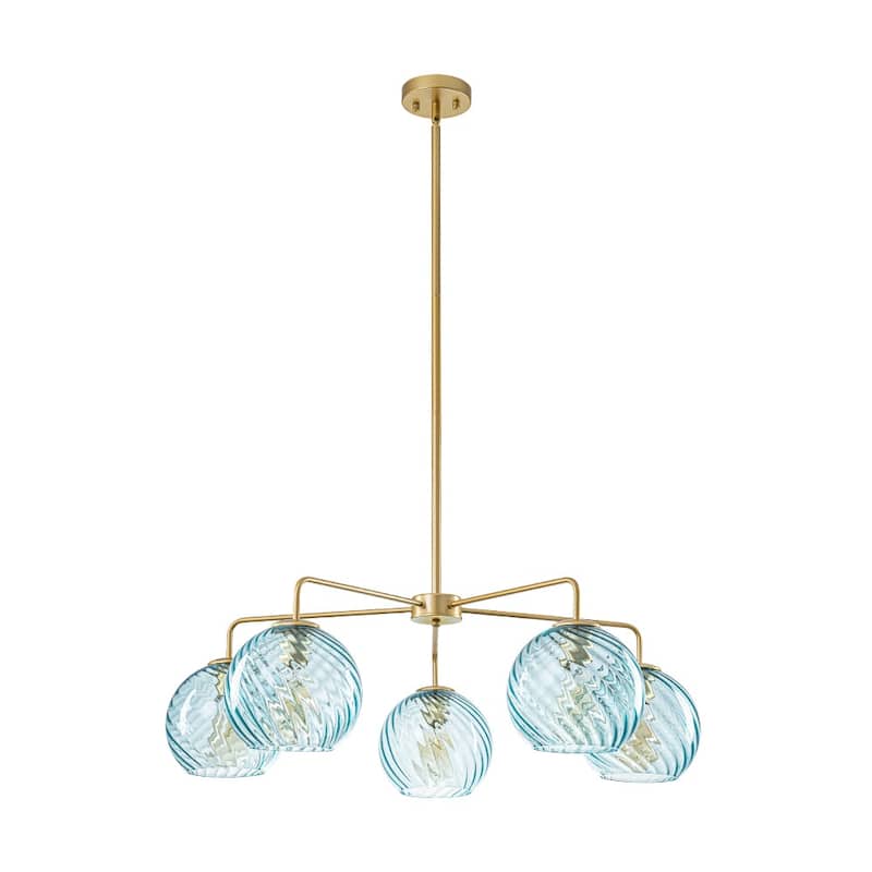 5-Light Blue Swirled Glass Globe Bubble Round Chandelier 35in