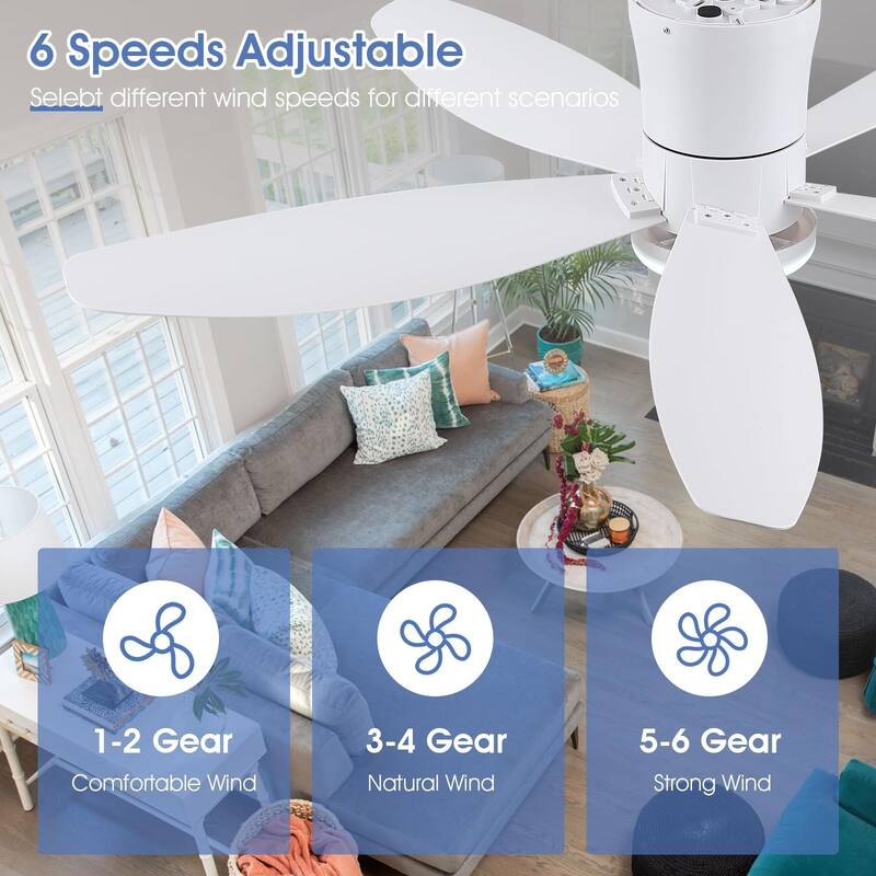 36"/42"/48" Low Profile Ceiling Fan with ABS Blades 3 Color LED Flush Mount for Bedroom Living Room APP and Remote Control