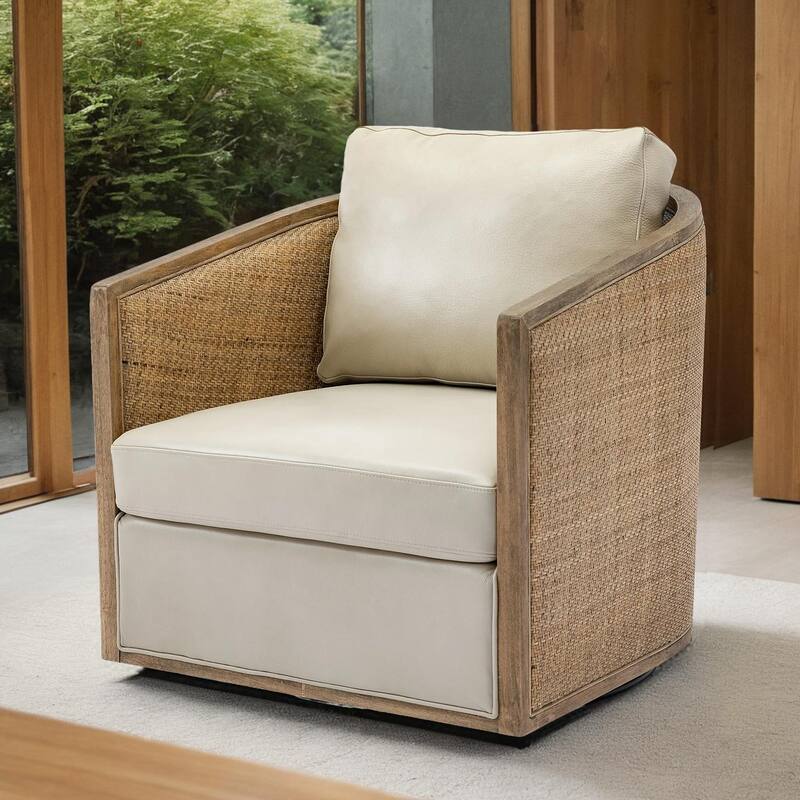 Swivel Barrel Chair with Rattan Design, Leather Accent Sofa Chair, Club Chair with Pillow, Leisure Arm Chair for Living Room - Oyster grey