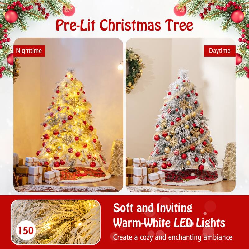Gymax 4.5/6/7 FT Pre-Lit Artificial Christmas Tree Snow Flocked Full
