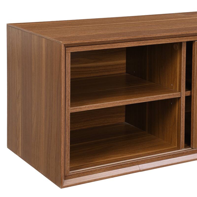 TV Stand with Slatted Doors, Cat-Friendly Private Compartments, Wood Media Console with Adjustable Length