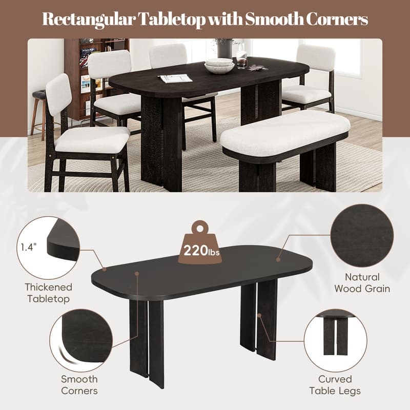 Farmhouse 6-Piece Dining Table Set, Solid Wood Dining Table and 4 Upholstered Chairs & 1 Bench