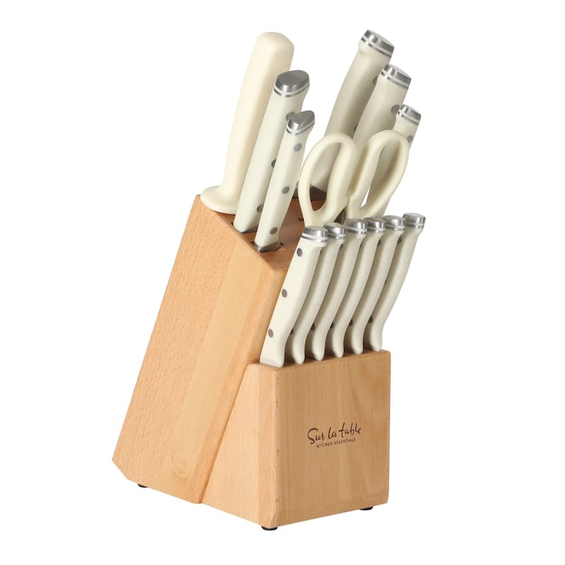 Sur La Table Kitchen Essentials 14 Piece Cutlery Set, German Steel Forged Knives, Beech Wood Block - Linen White