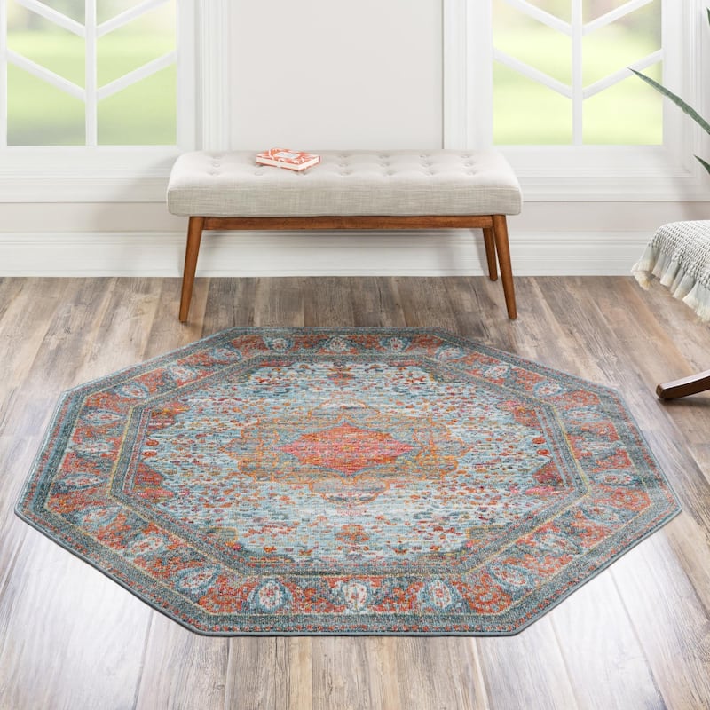 Traditional Samana Collection Area Rug - 5'x5' Octagon - Light Blue
