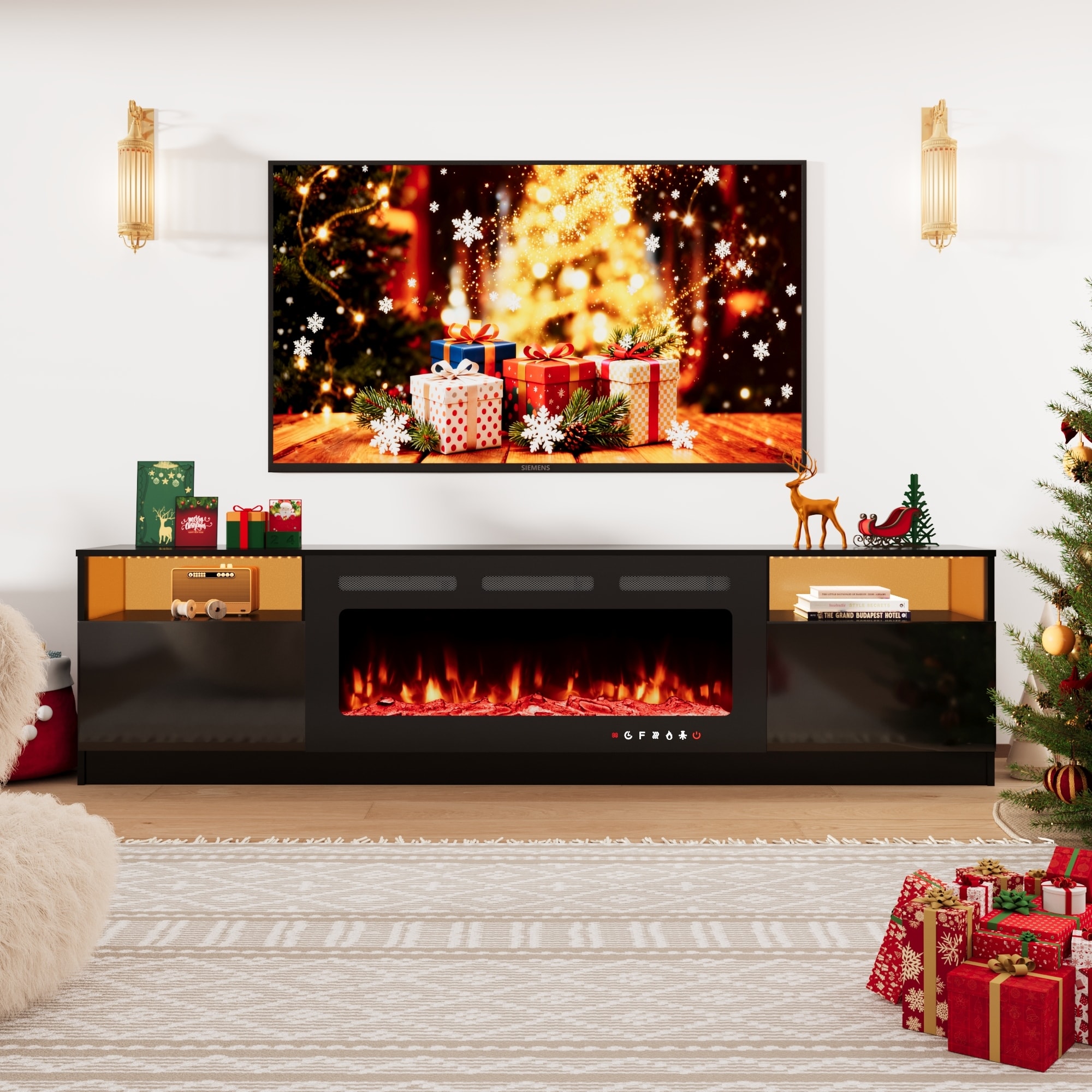 Electric Fireplace TV Stand with LED Lights, Wood Media Console with Remote Control for Living Room
