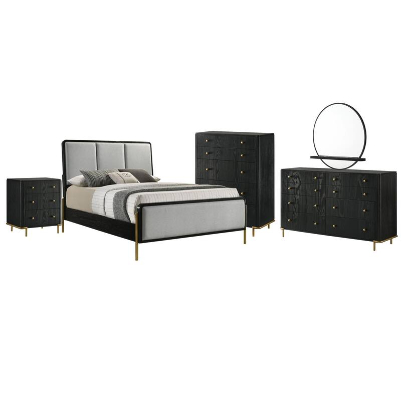 Fij 5pc Queen Bedroom Set, Dresser Chest, Padded Gray Upholstery Black