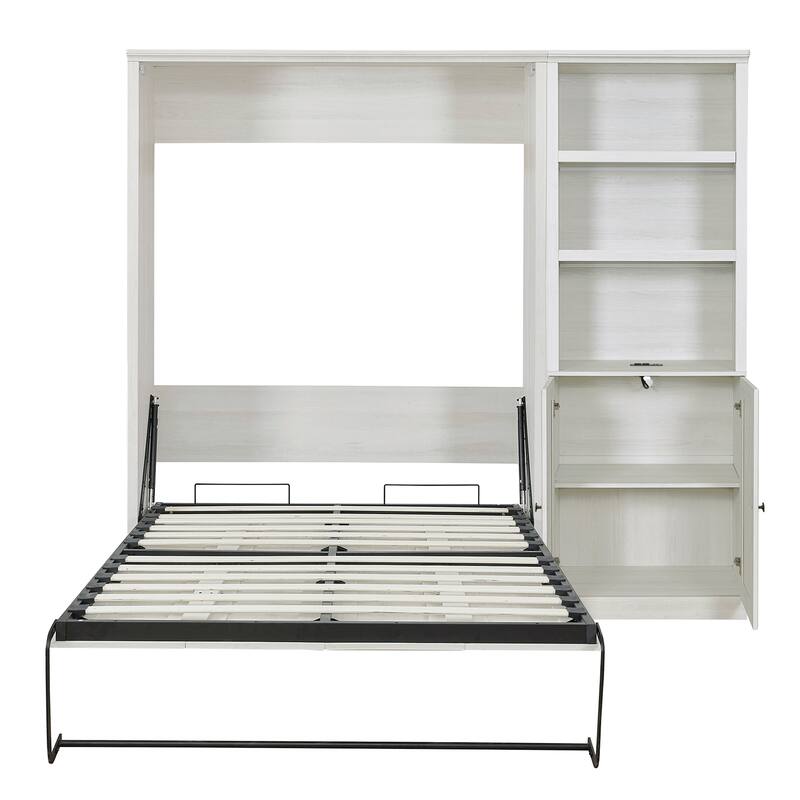 Half Self-Close and Open Murphy Bed with 2 Side Cabinet Storage Shelf