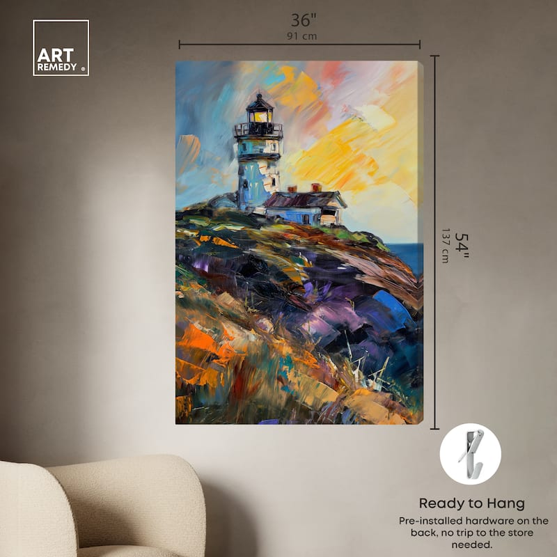 Art Remedy Colorful Lighthouse Gallery Wrapped Impressionism 1 Piece Canvas Wall Art /Monet And Van Gogh Inspired Art