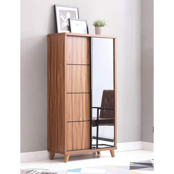 Joyner Walnut Wooden 9shelf Shoe with Mirror Door Bed Bath