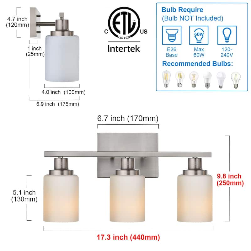 3-Light Bathroom Light Fixtures Brushed Brass 6-Light Bathroom Vanity Light, Bathroom Lights Over Mirror with Milky Glass Shade