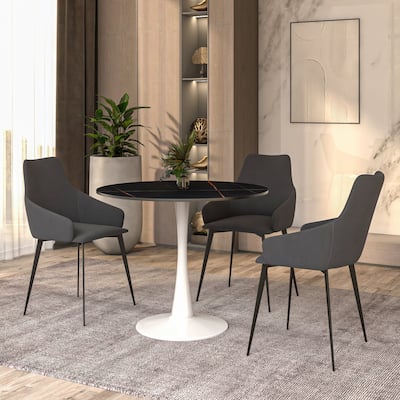 Bristol 31" Modern Round Dining Table with Sintered Stone Top & White Stainless Steel Pedestal Base for Dining Room and Kitchen