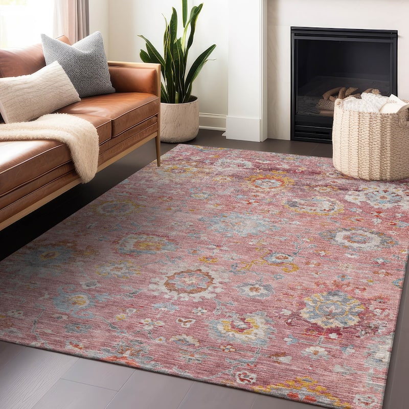 Machine Washable Indoor/ Outdoor Vintage Traditional Chantille Rug - Pink - 5' x 7'6"