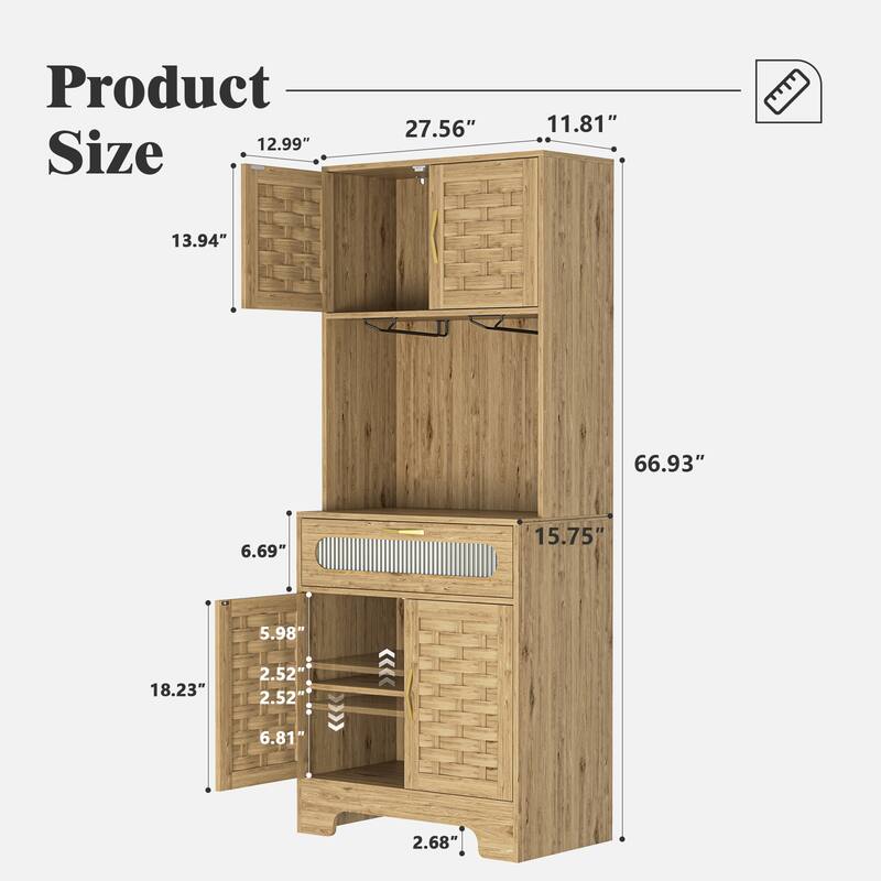 Coffee Bar Cabinet, Modern Farmhouse Buffet Sideboard with Drawer and Adjustable Shelf - Brown