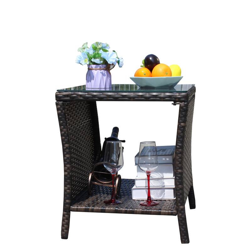 Anmytek Gray Rattan Side Table with Tempered Glass Top Indoor Outdoor Wicker Patio Table Double Tier Storage - 19.25*19.25