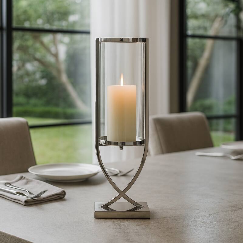 Modern Glass Pillar Candle Holder Decorative Lantern with Steel Frame