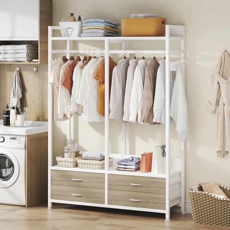 Freestanding Closet Organizer for Hanging Clothes, Heavy Duty Wardrobe Closet Clothing Rack with Drawers - White