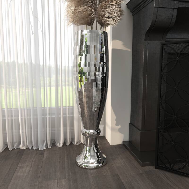 Silver Polystone Glam Vase with Mosaic Mirror Inlay