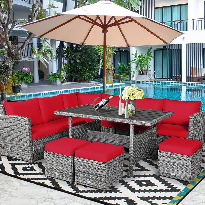 Costway 7 PCS Patio Rattan Dining Set Sectional Sofa Couch Ottoman - See Details - Red