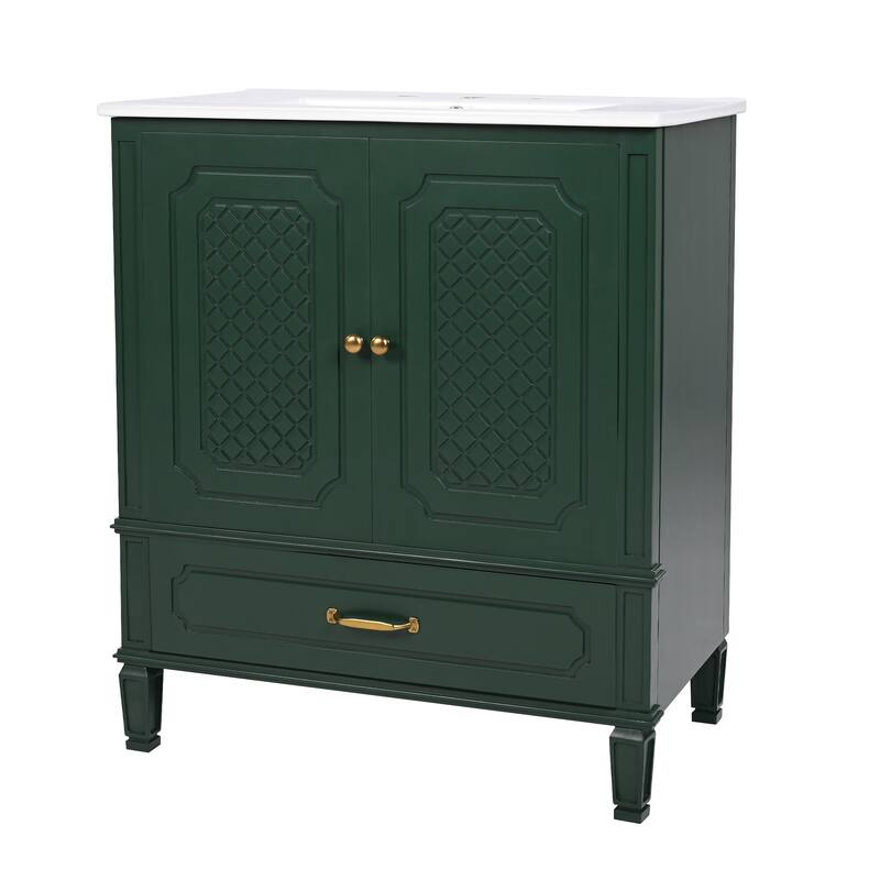 Roomfitters 30" Vintage Style Bathroom Vanity with Ceramic Sink, Customizable Storage Drawer and Soft-Close Door