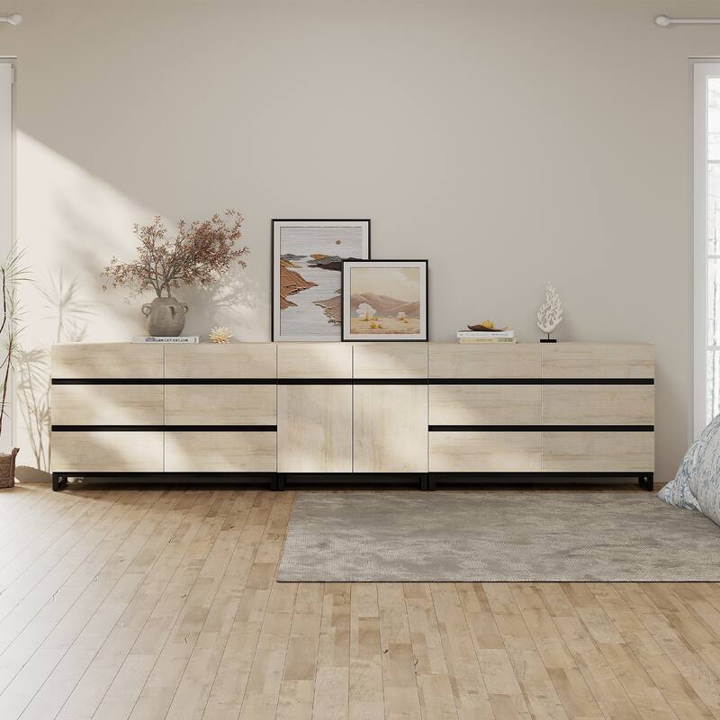 WAMPAT Modern Sideboard with Adjustable Shelves, 3 in 1 Storage Cabinet with Glass Doors, Coffee Bar Cabinet for Kitchen - 94.5 inches - Beige