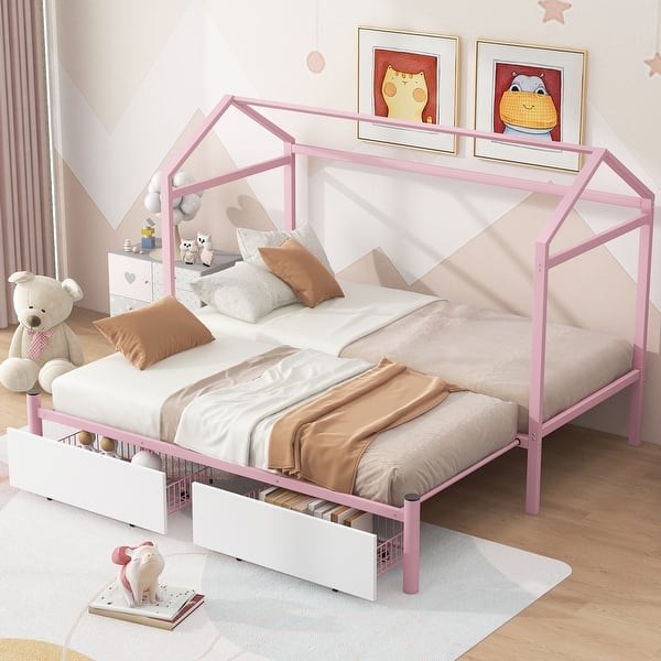 slide 2 of 32, Metal House-Shaped Platform Bed with 2 Drawers, Convertible Twin XL to King Size Bed Frame for Bedroom, Apartment Pink - King