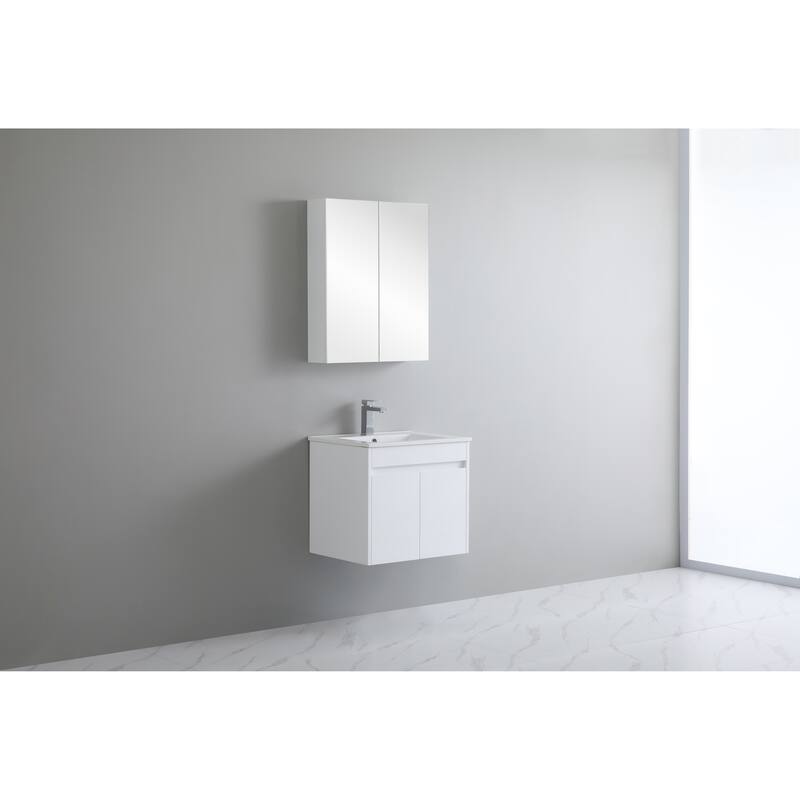CB HOME 24"/30"/36"/48"/60" Pure White Bathroom Vanity, Floating Wall Mounted Cabinet w/ Integral Ceramic Sink Basin Countertop
