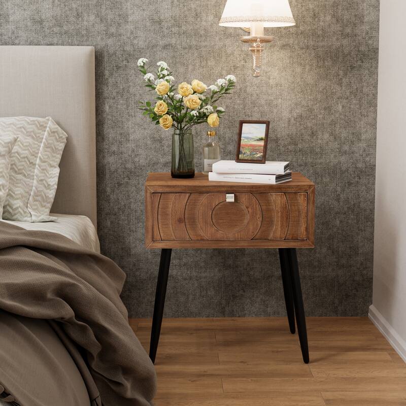 COSIEST Solid Wood Brown Nightstands w Drawers - 1-drawer
