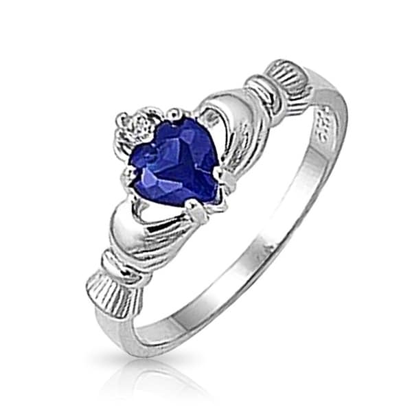 Celtic CZ Blue Imitation Sapphire Heart Claddagh Ring Sterling Silver. Opens flyout.