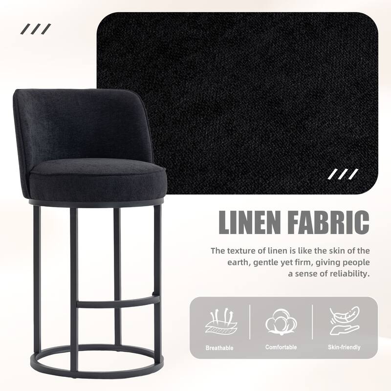 Counter Height Bar Stools Set of 2, Modern Barrel Counter Stools with Backrest, Linen Fabric Upholstered Accent Bar Stools