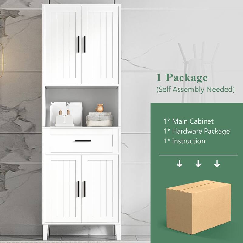 70.9" High Freestanding Tall Bathroom Cabinet with a Drawer, 2 Cabinets, 4 Soft-Close Doors, 2 Adjustable Shelves, Open Storage